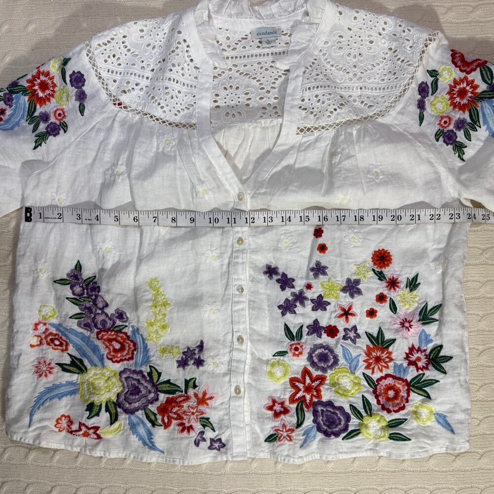 Sundance Floral Popover Colorful Embroidered Linen Short Sleeve Blouse L - Picture 8 of 8